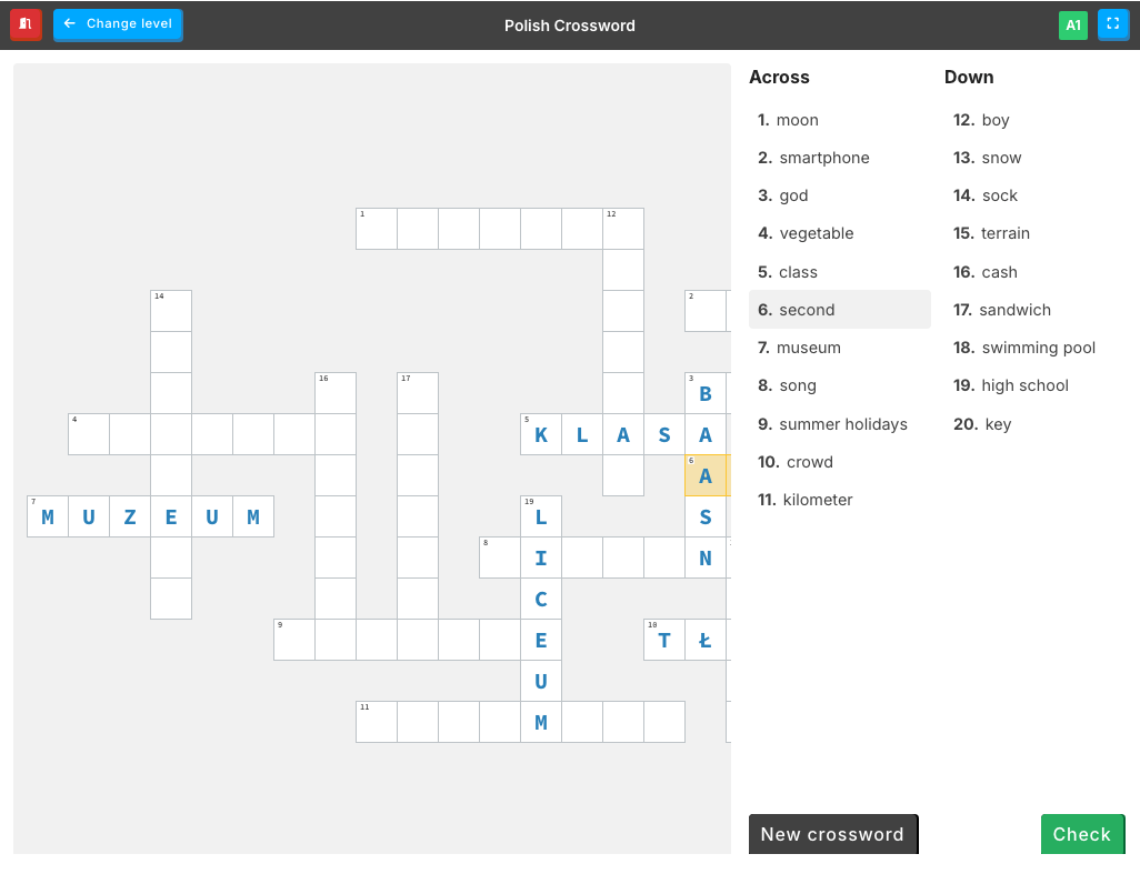 Crossword - half of the answers filled in
