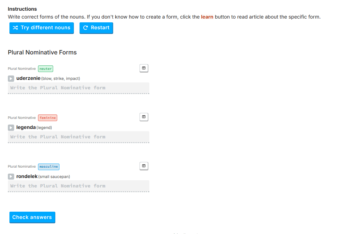 Noun Declinator with gender next to each input