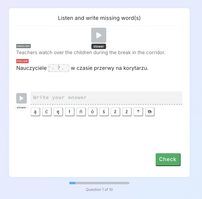 Slower audio button in exercises