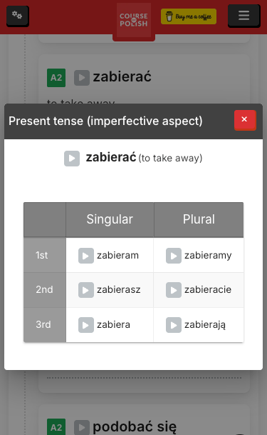 Conjugation modal on a mobile screen
