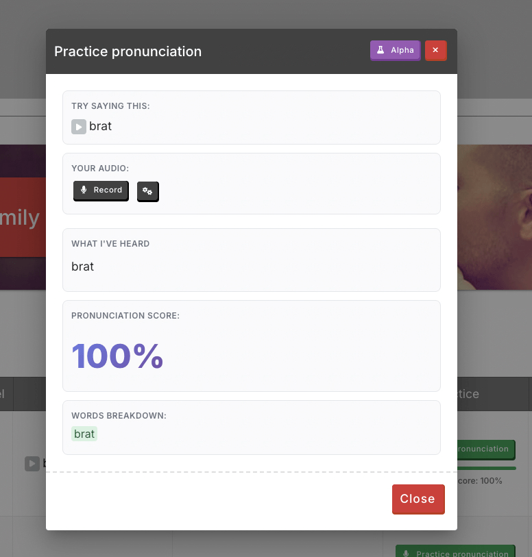 Modal footer with Close button