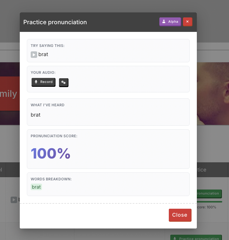 Modal footer with Close button