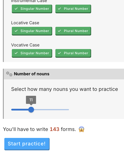 Number of forms to decline in the noun declinator