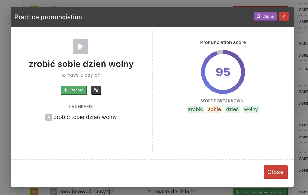 Redesigned speech practice modal
