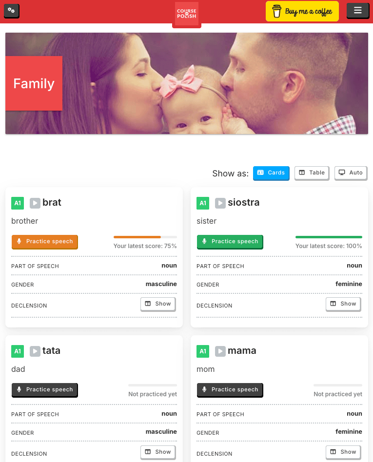 Vocabulary list in card view