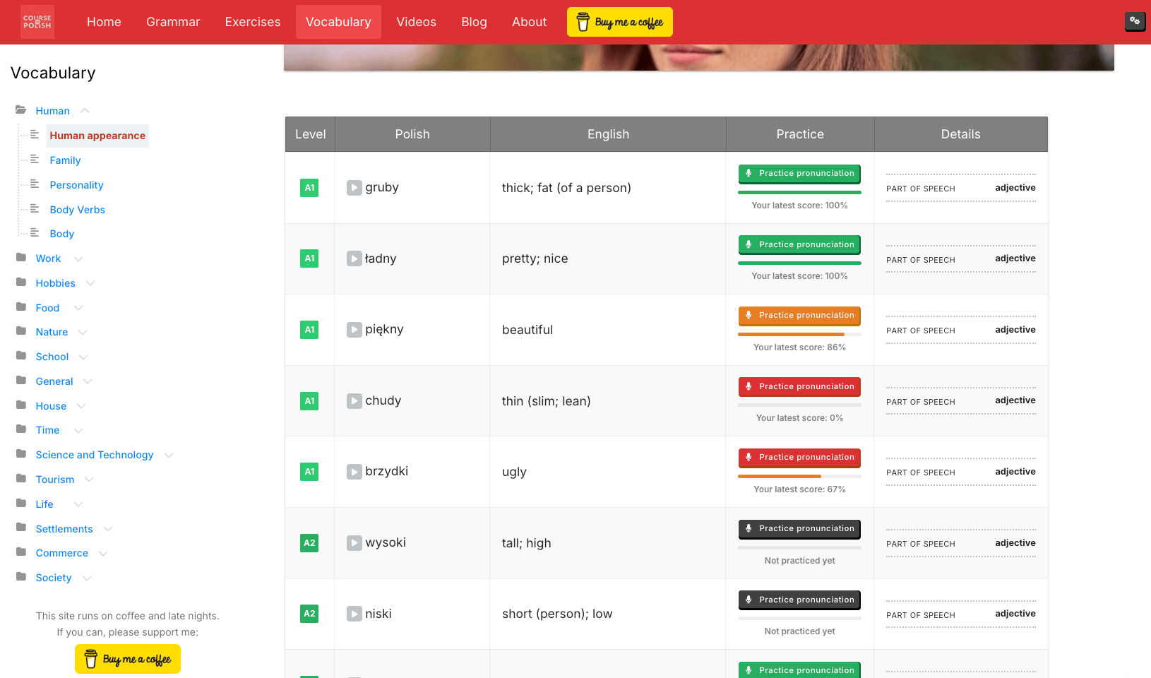 Practice button and saved scores on the vocabulary table
