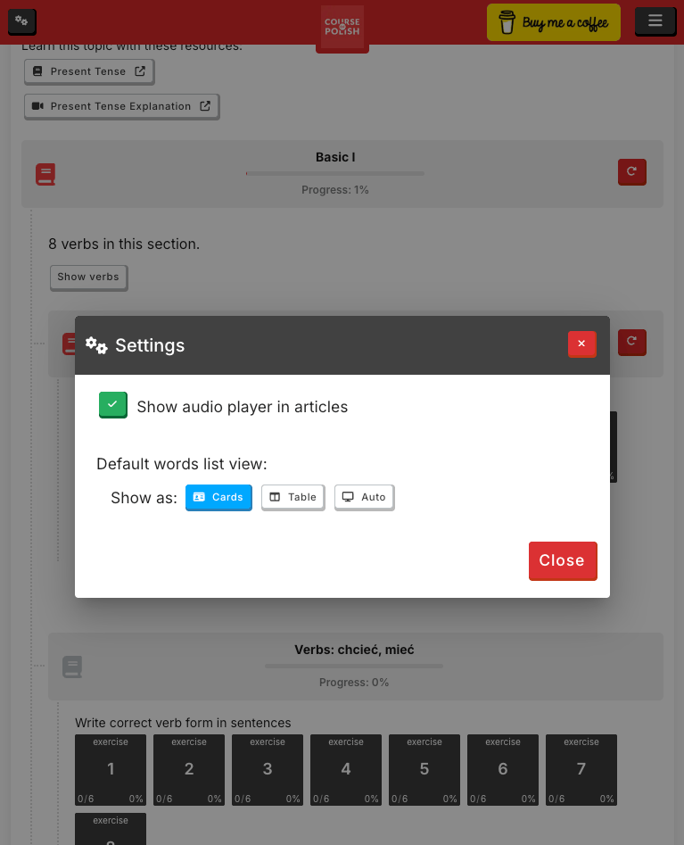 Default words list view in settings