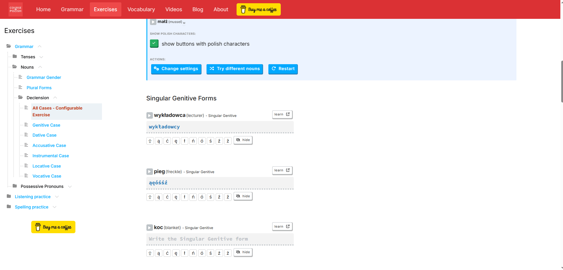 Noun declinator improved UX