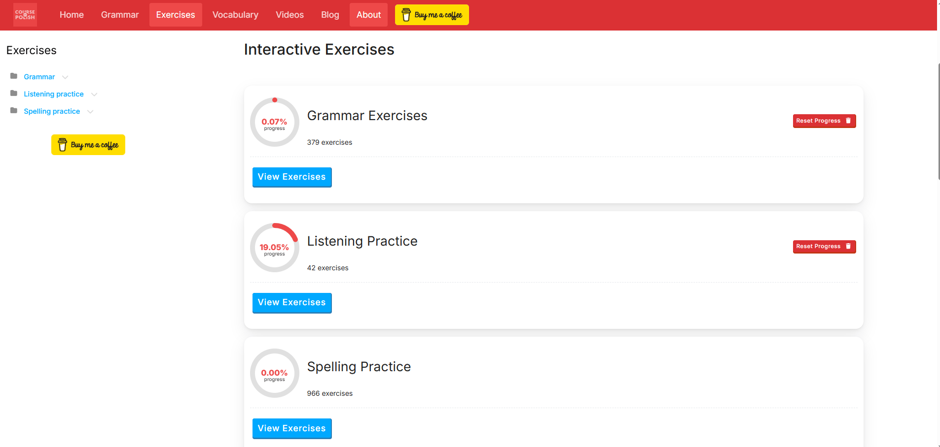 Reset exercise progress